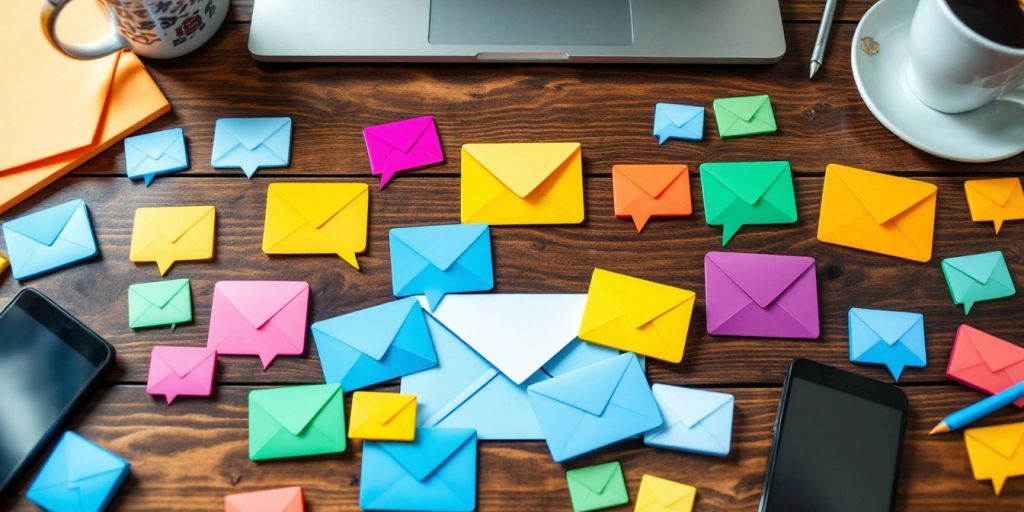 Colorful email icons on a desk with a laptop and coffee.