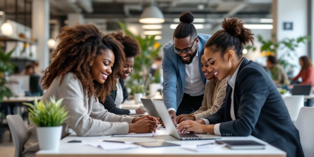 Professionals collaborating in a modern office setting.