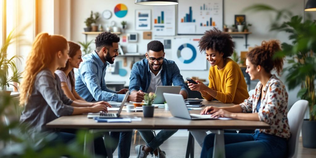 Diverse team collaborating in a modern office space.