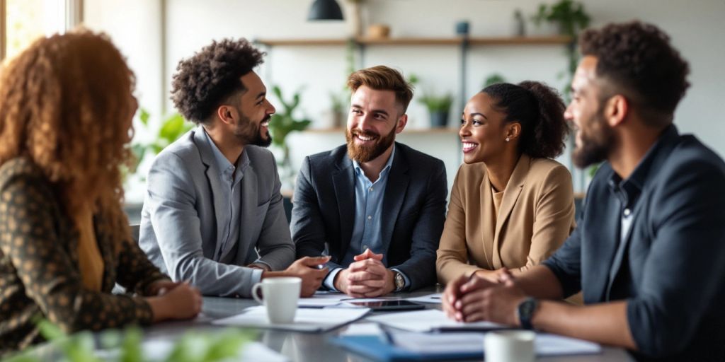 Diverse team collaborating in a modern business meeting.