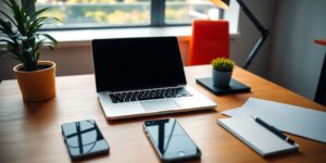 Modern office workspace with laptop and smartphone.