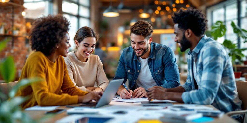 Diverse professionals collaborating in a modern office setting.