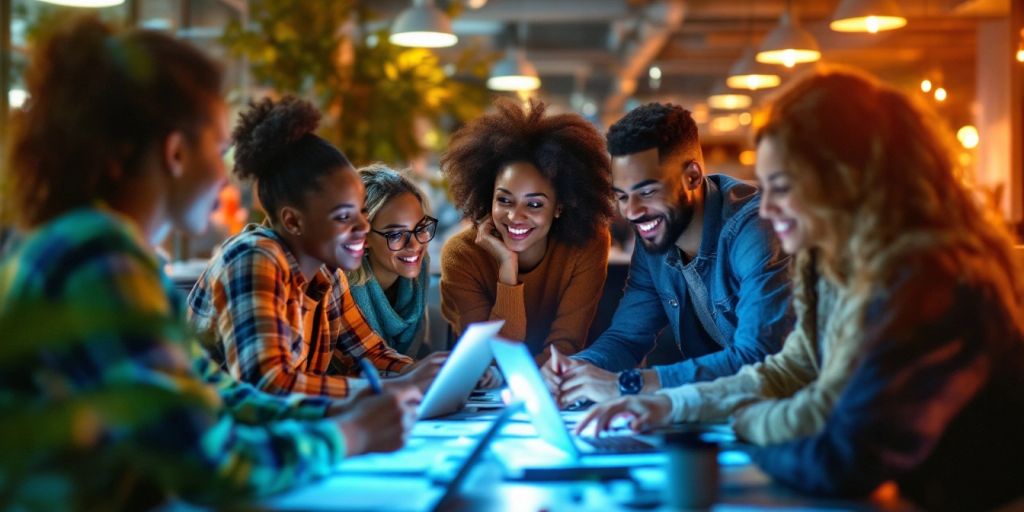 Diverse professionals collaborating in a modern office setting.