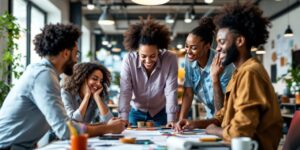 Diverse professionals collaborating in a modern workspace.