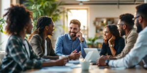 Diverse professionals in a collaborative B2B sales meeting.