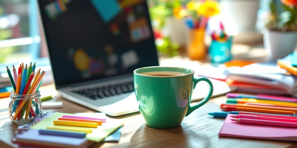 Bright workspace with laptop and colorful stationery.