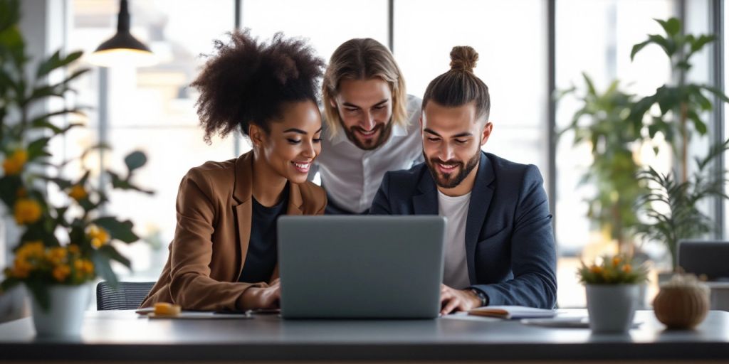 Professionals collaborating in a modern office environment.