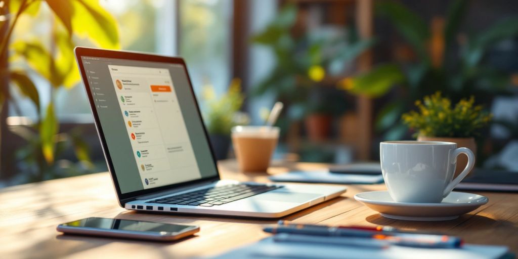 Workspace with laptop, smartphone, and coffee cup.