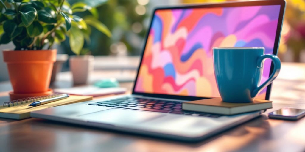 A modern workspace with a laptop and coffee cup.