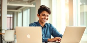 Person with laptop in a bright office setting.