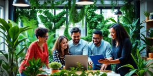 Diverse team collaborating in a modern, vibrant workspace.