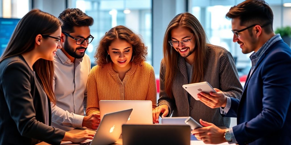 Marketers collaborating with digital devices in a modern office.