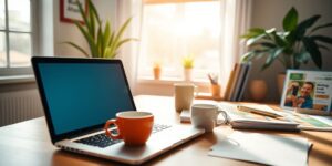 A workspace with a laptop and marketing materials.