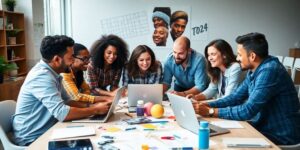 Diverse team collaborating on a marketing campaign around a table.