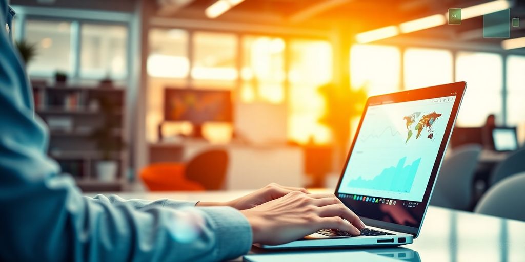 Person analyzing data on a laptop in a modern workspace.