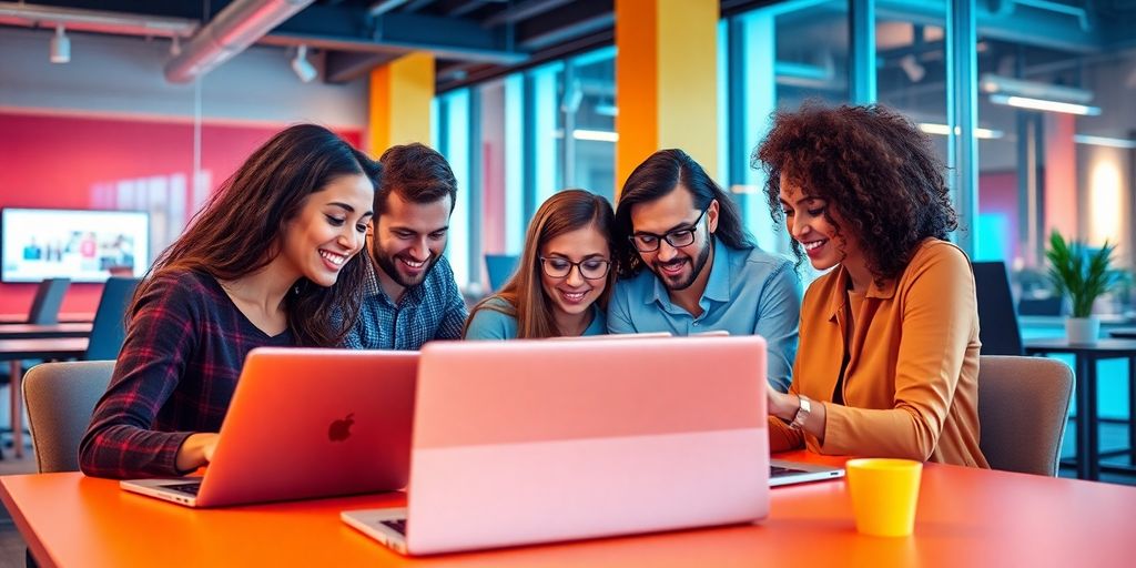 Diverse professionals collaborating in a modern office setting.