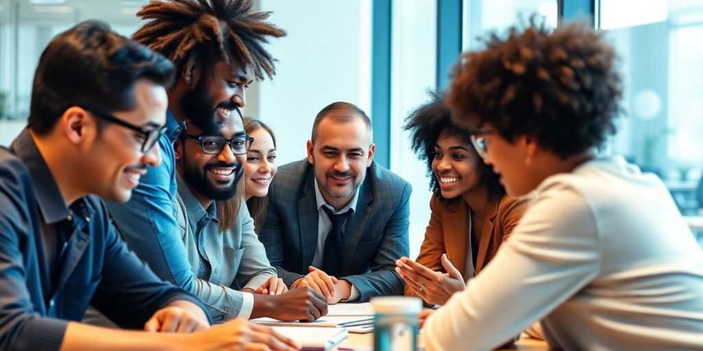 A diverse team collaborating in a modern office setting.