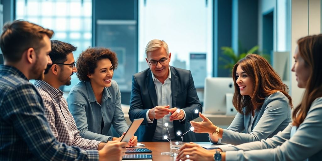 Team collaborating in a modern office on automation strategies.