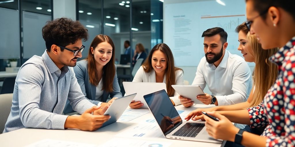 Team collaborating on data insights in a modern office.