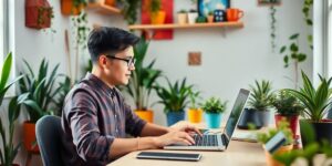 Person using laptop in a cozy workspace.