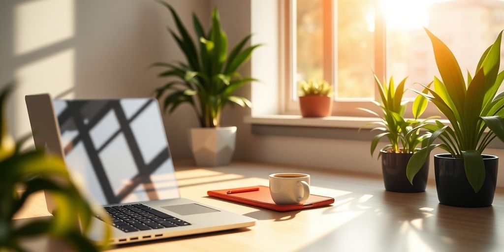 Modern workspace with laptop, coffee, and plants.