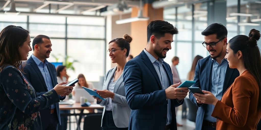 Professionals collaborating with AI technology in a modern office.