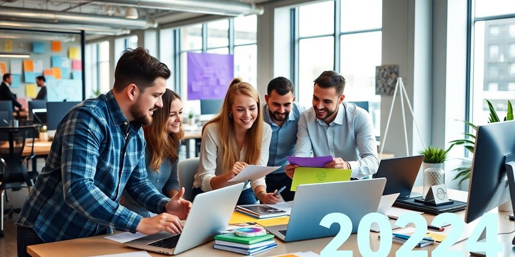 A diverse marketing team brainstorming in a modern office.