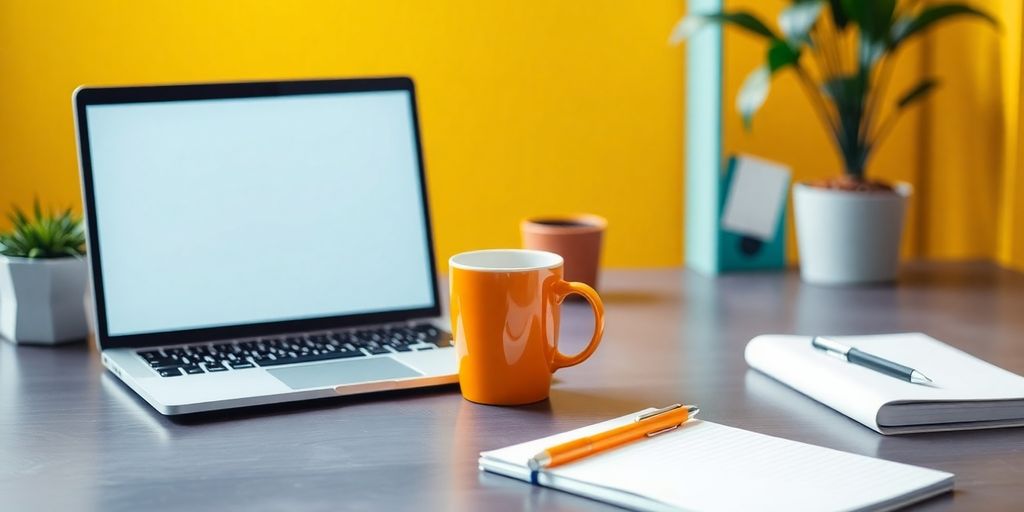 Bright workspace with laptop, coffee, and notepad.