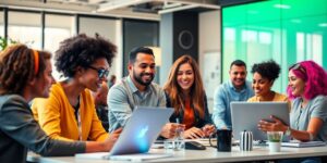 Diverse professionals collaborating in a modern office environment.