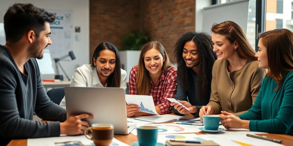 Diverse team discussing business strategies in a bright office.