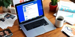 Laptop displaying LinkedIn in a bright workspace.