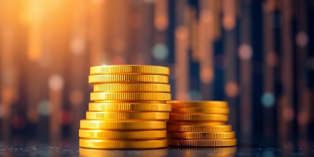 Close-up of golden coins with a digital background.