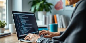 Person programming on a laptop in a modern workspace.