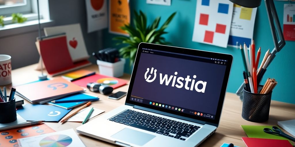 Laptop displaying HubSpot Wistia integration with marketing materials.