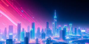 Futuristic cityscape with digital elements and neon lights.