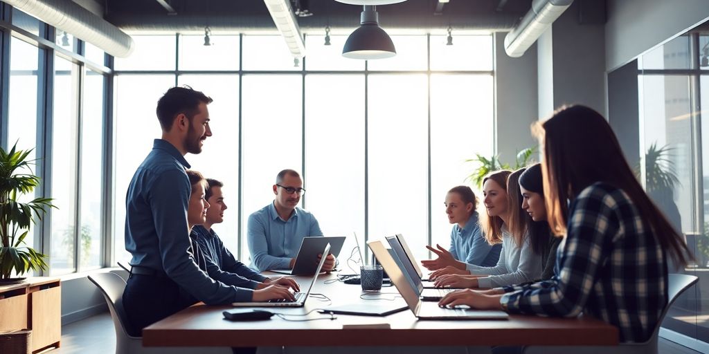 Team collaborating in a bright office space.