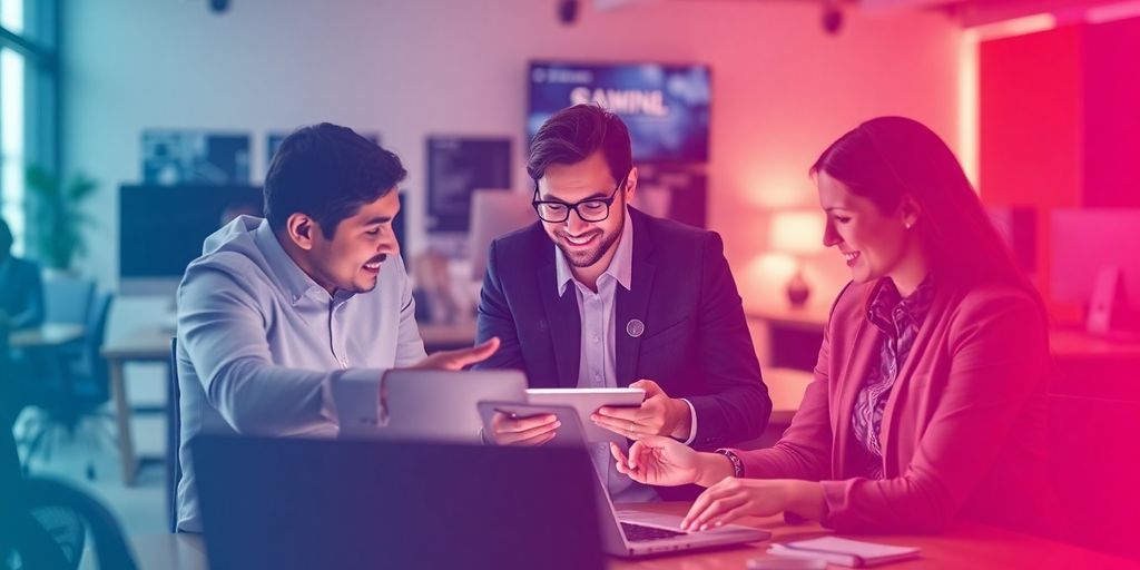 Professionals collaborating in a modern workspace with technology.