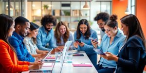 Diverse professionals engaging with digital devices in an office.