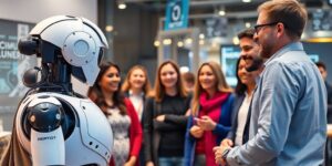 AI robot talking with diverse people in a modern setting.