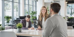 Sales professional interacting with a client in an office.