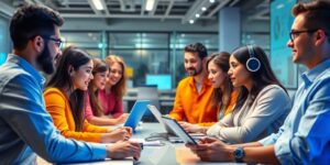 Diverse professionals working with futuristic chatbots in an office.