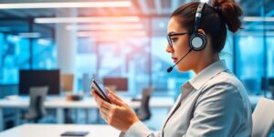 Person on a phone call in a modern office setting.