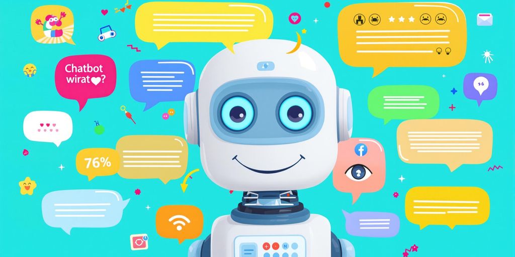 Colorful chatbot with speech bubbles and creative icons.