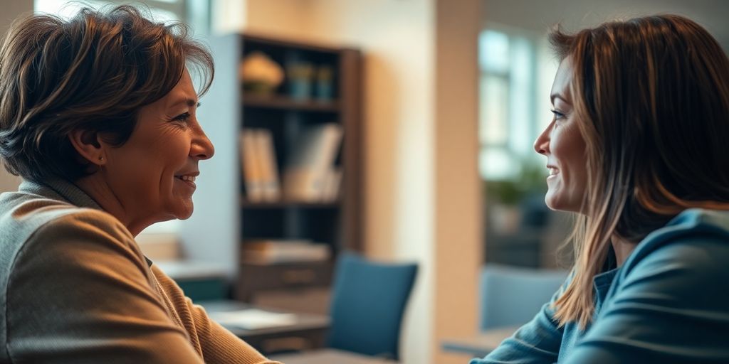 Two people conversing, one listening intently in an office.