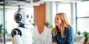 Support bot interacting with a happy customer in an office.