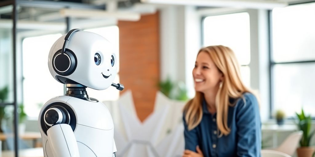 Support bot interacting with a happy customer in an office.