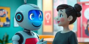 Chatbot character interacting with a customer in a colorful setting.