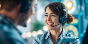 Customer support agent using voice AI technology in action.