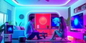 Futuristic AI voice assistants in a modern home setting.