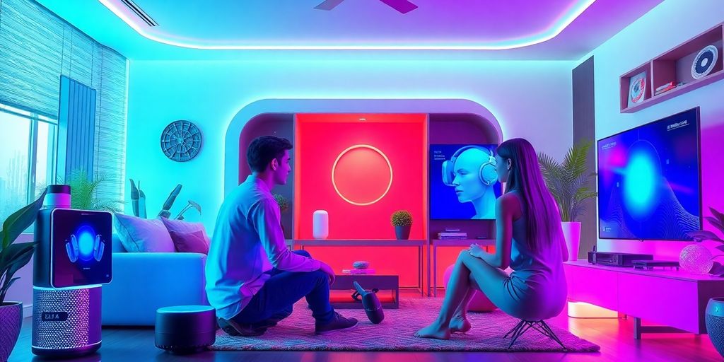 Futuristic AI voice assistants in a modern home setting.